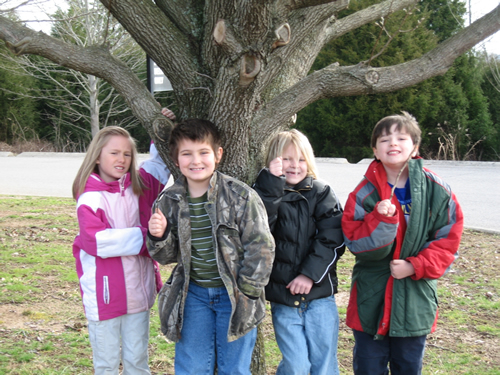 Some classmates stand by our tree
